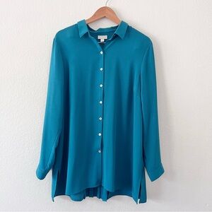 J. Jill Teal Jewel Tone Pleated Back Button Down Shirt Sz L